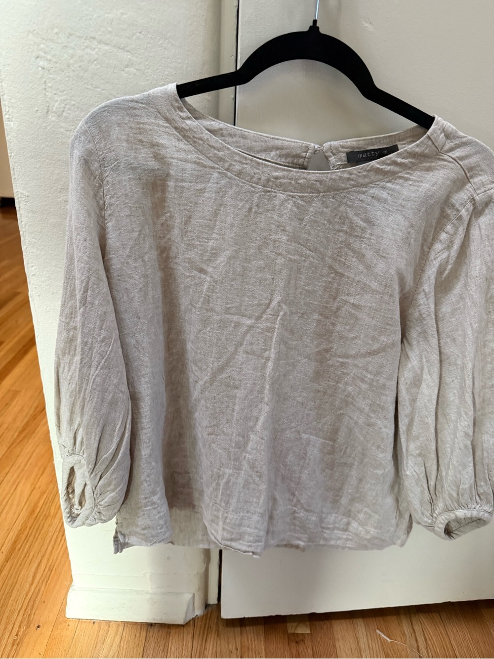 Matty M Soft Cream Boatneck Linen-Blend Peasant Top with 3/4 sleeve